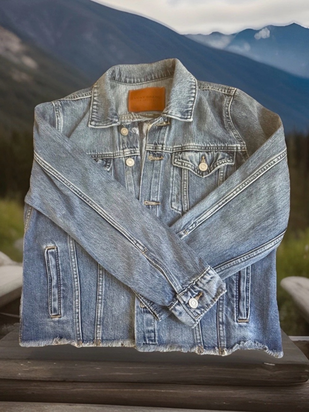 Lucky Brand Jean Jacket Tan Leather Logo Patch Size M Vintage